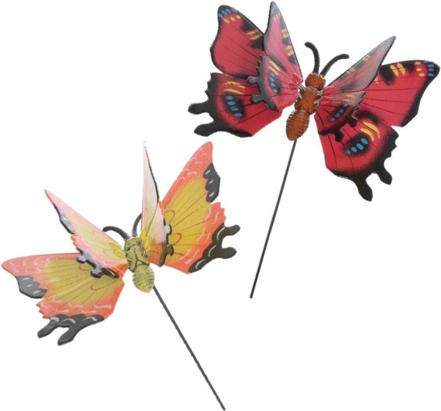 Merkloos Sans marque 2x stuks Metalen deco vlinders rood en geel van 11 x 70 cm op tuinstekers Dieren decoratie tuin beeldjes beelden