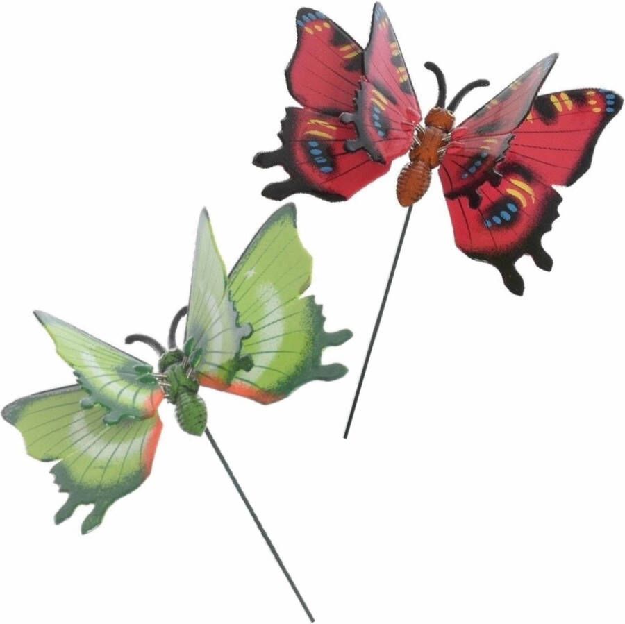Merkloos Sans marque 2x stuks Metalen deco vlinders rood en groen van 11 x 70 cm op tuinstekers Dieren decoratie tuin beeldjes beelden