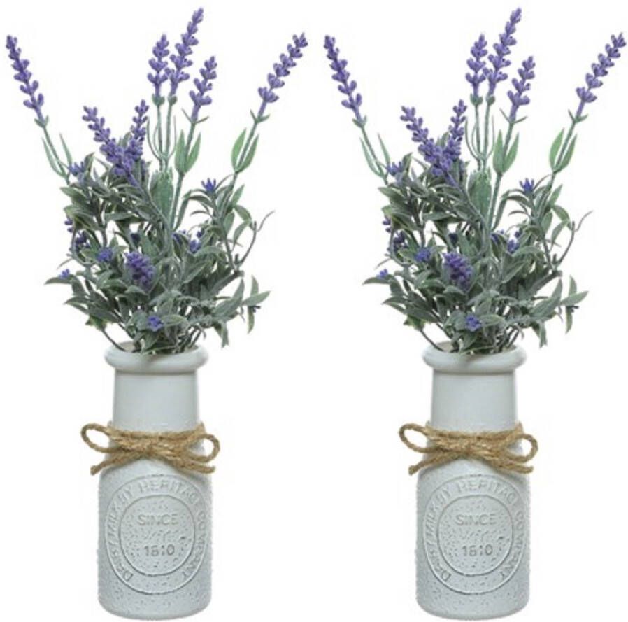 Merkloos Sans marque 2x stuks paarse Lavandula lavendel kunstplant 32 cm in witte pot Kunstplanten nepplanten