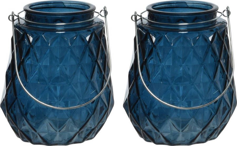 Decoris 2x stuks theelichthouders waxinelichthouders ruitjes glas donkerblauw met metalen handvat 11 x 13 cm Windlichtjes kaarsenhouders