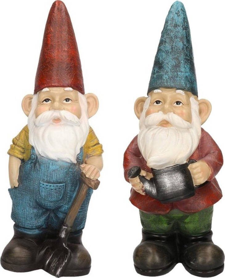 Decoris 2x Tuinkabouter beelden Harold met hark en Gerard met gieter 29 cm Tuindecoratie tuinversiering kabouters beelden