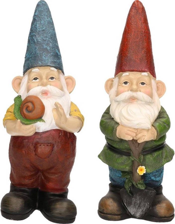 Decoris 2x Tuinkabouter beelden Simon met slak en Sam met schop schep 29 cm Tuindecoratie tuinversiering kabouters beelden