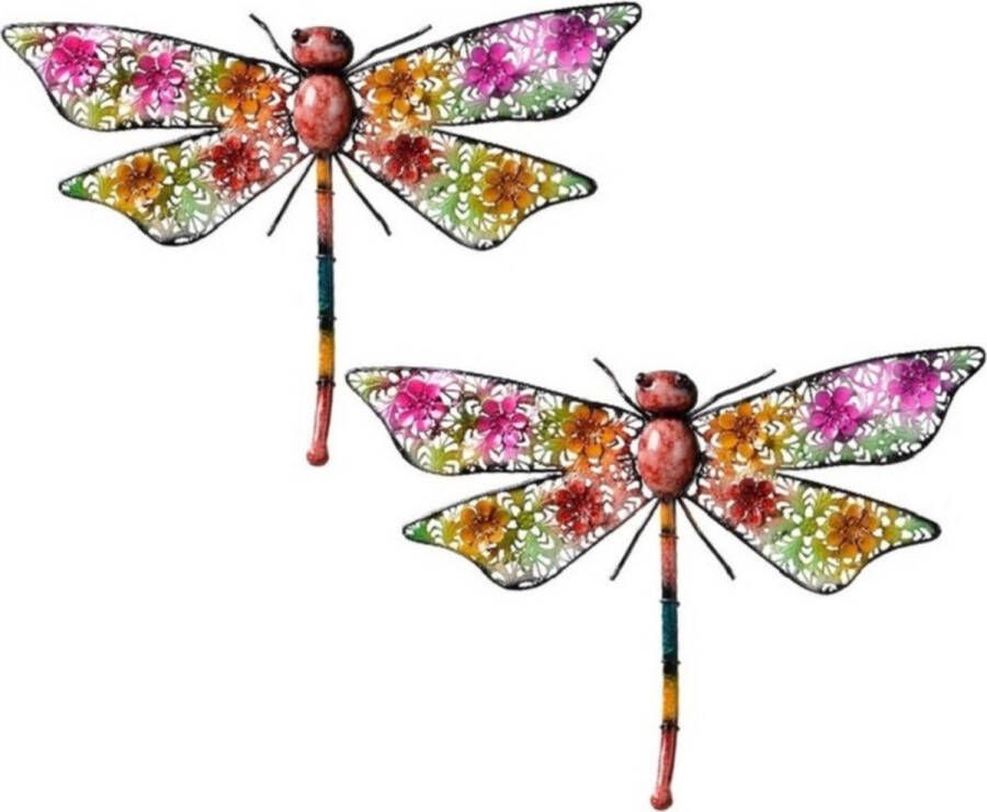 Decoris 3x stuks grote metalen libelle gekleurd 29 x 47 cm tuin decoratie Tuindecoratie libelles Dierenbeelden hangdecoraties