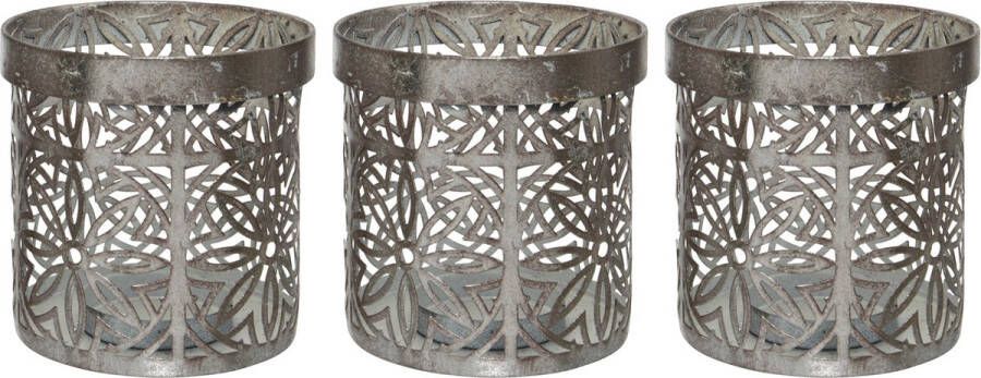Decoris 3x stuks theelichthouders waxinelichthouders ijzer grijs met bloemenpatroon 10 x 10 cm Windlichtjes kaarsenhouders