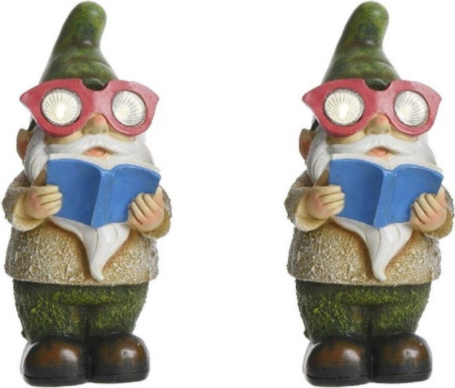 Decoris 3x stuks tuinkabouter beeld George boekenwurm met solar verlichting 24 cm Tuinverlichting tuinlampen Solarlampen