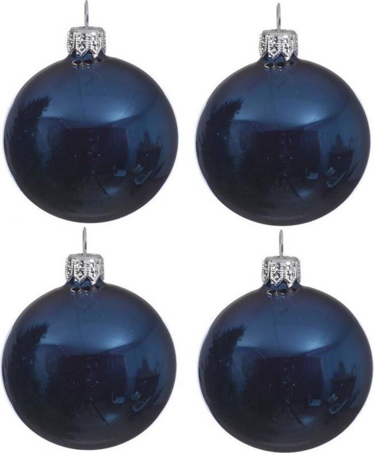 Decoris 4x Donkerblauwe glazen kerstballen 10 cm Glans glanzende Kerstboomversiering donkerblauw