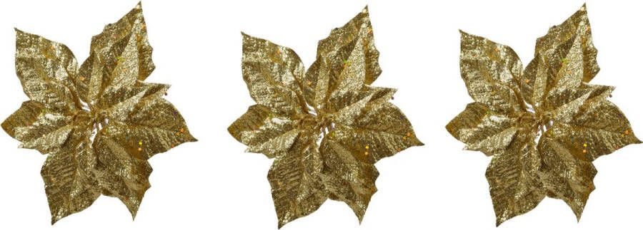 Merkloos Sans marque 3x stuks decoratie bloemen kerststerren goud glitter op clip 23 cm Decoratiebloemen kerstboomversiering