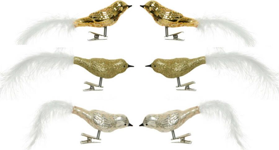 Decoris 6x stuks glazen decoratie vogels op clip champagne goud 8 cm Decoratievogeltjes Kerstboomversiering