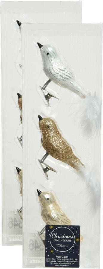 Decoris 6x stuks glazen decoratie vogels op clip champagne wit bruin 8 cm Decoratievogeltjes Kerstboomversiering
