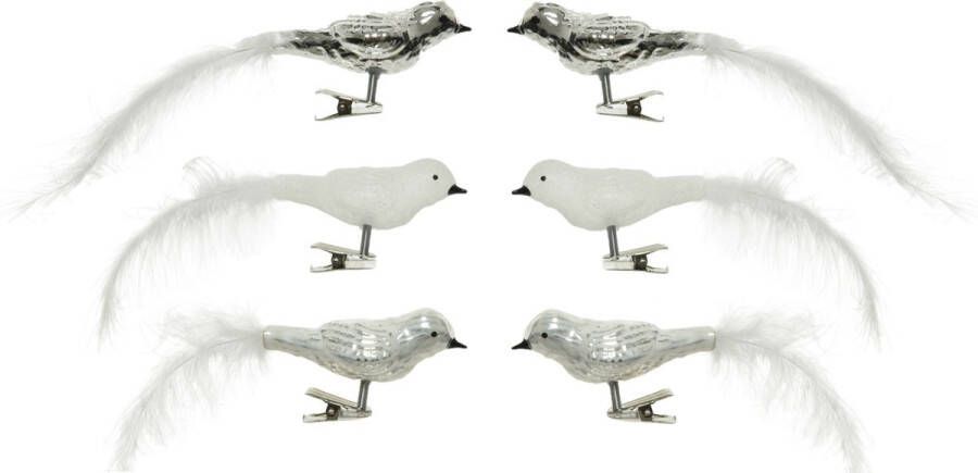 Decoris 6x stuks glazen decoratie vogels op clip wit zilver 8 cm Decoratievogeltjes Kerstboomversiering