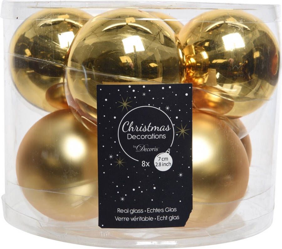 Decoris 8 kerstballen licht goud glans mat 70 mm