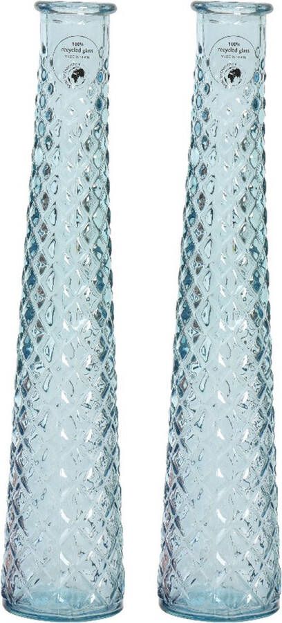 Decoris 2x stuks vazen bloemenvazen van gerecycled glas D7 x H32 cm blauw Vazen
