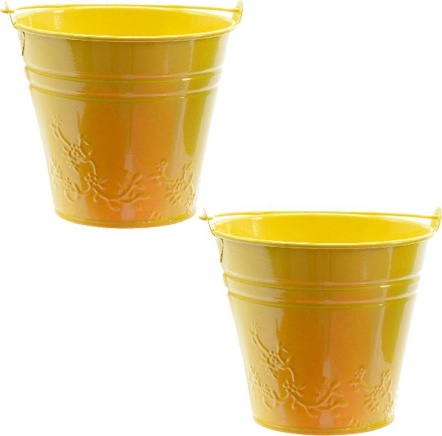 Decoris bloempot plantenpot bloemen relief 2x zink D11 cm geel