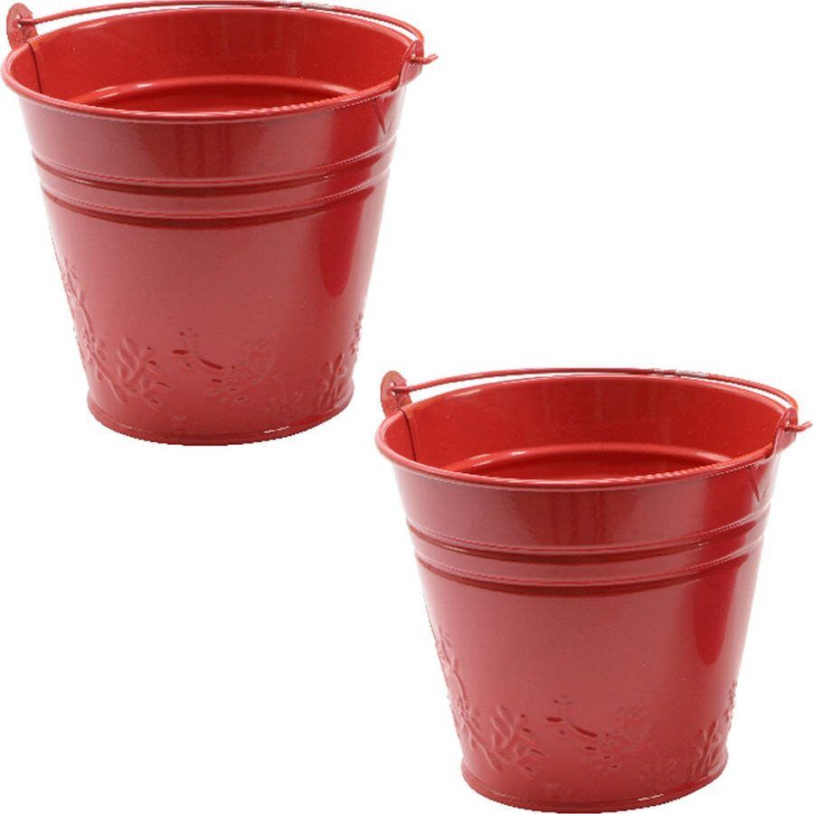 Decoris bloempot plantenpot bloemen relief 2x zink D11 cm rood