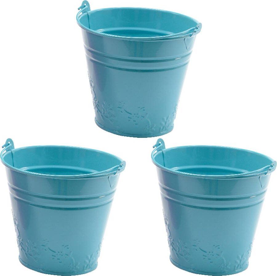 Decoris Bloempot plantenpot bloemen relief 3x zink D11 cm blauw