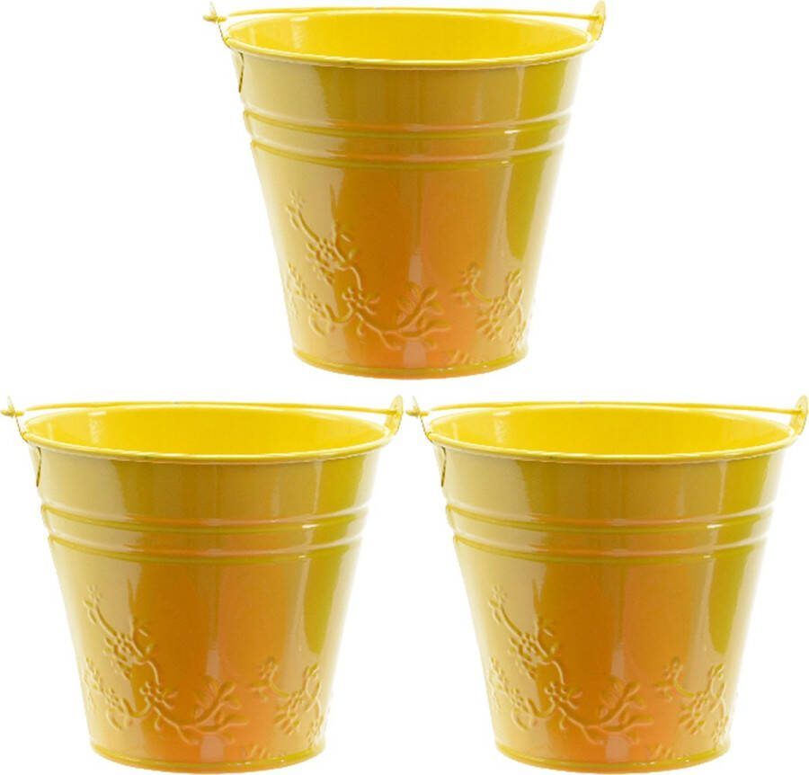 Decoris bloempot plantenpot bloemen relief 3x zink D11 cm geel