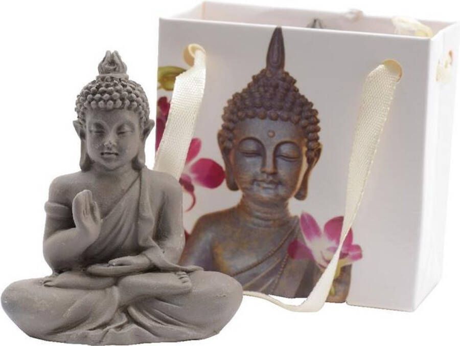 Decoris Boeddha beeld in cadeautasje 5 cm grijs kunststeen Beeldjes