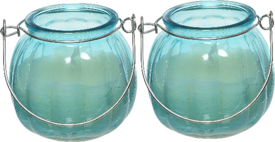 Decoris 2x citronella kaarsen in glas 15 branduren D8 x H8 cm blauw geurkaarsen