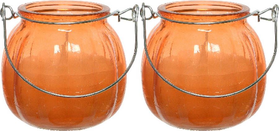 Decoris 2x citronella kaarsen in glas 15 branduren D8 x H8 cm oranje geurkaarsen
