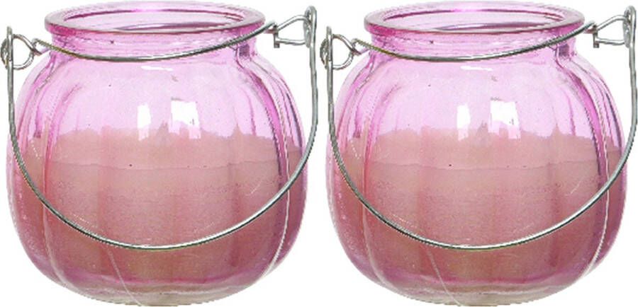 Decoris 2x citronella kaarsen in glas 15 branduren D8 x H8 cm roze geurkaarsen