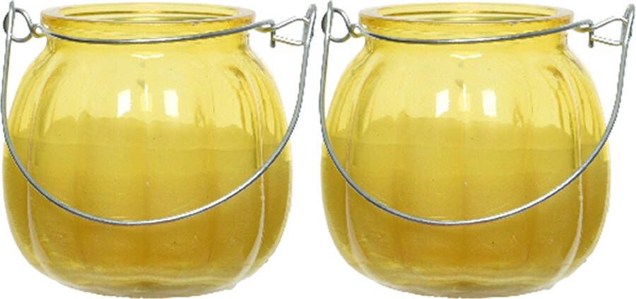 Decoris 2x citronella kaarsen in glas 15 branduren D8 x H8 cm geel geurkaarsen