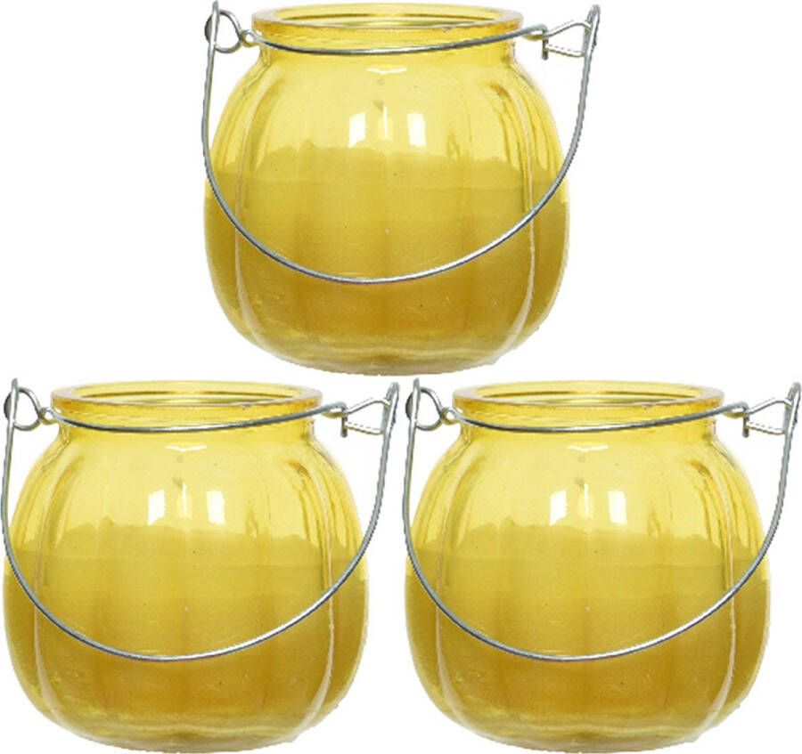 Decoris 3x citronella kaarsen in glas 15 branduren D8 x H8 cm geel geurkaarsen