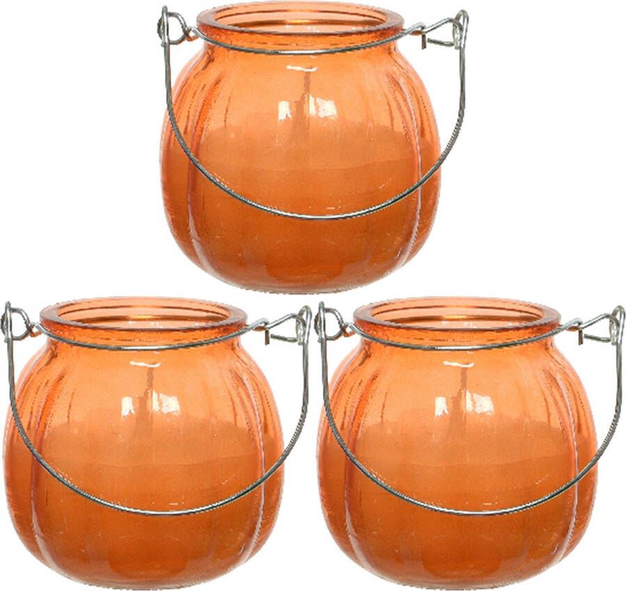 Decoris 3x citronella kaarsen in glas 15 branduren D8 x H8 cm oranje geurkaarsen