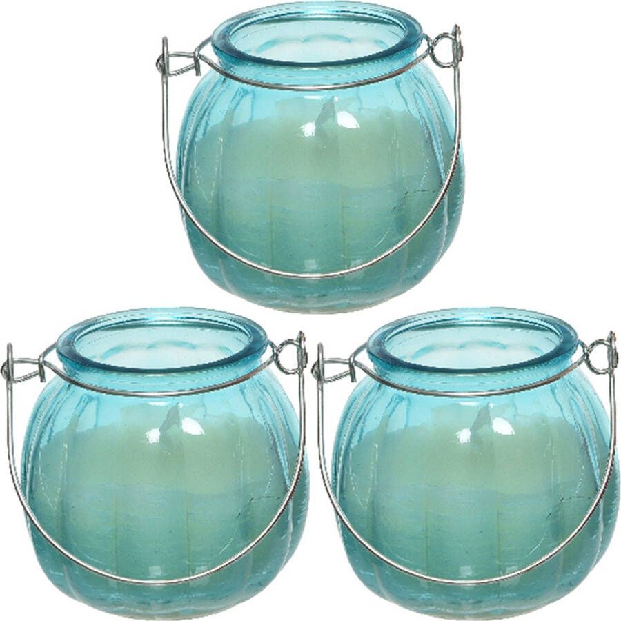 Decoris 3x citronella kaarsen in glas 15 branduren D8 x H8 cm blauw geurkaarsen
