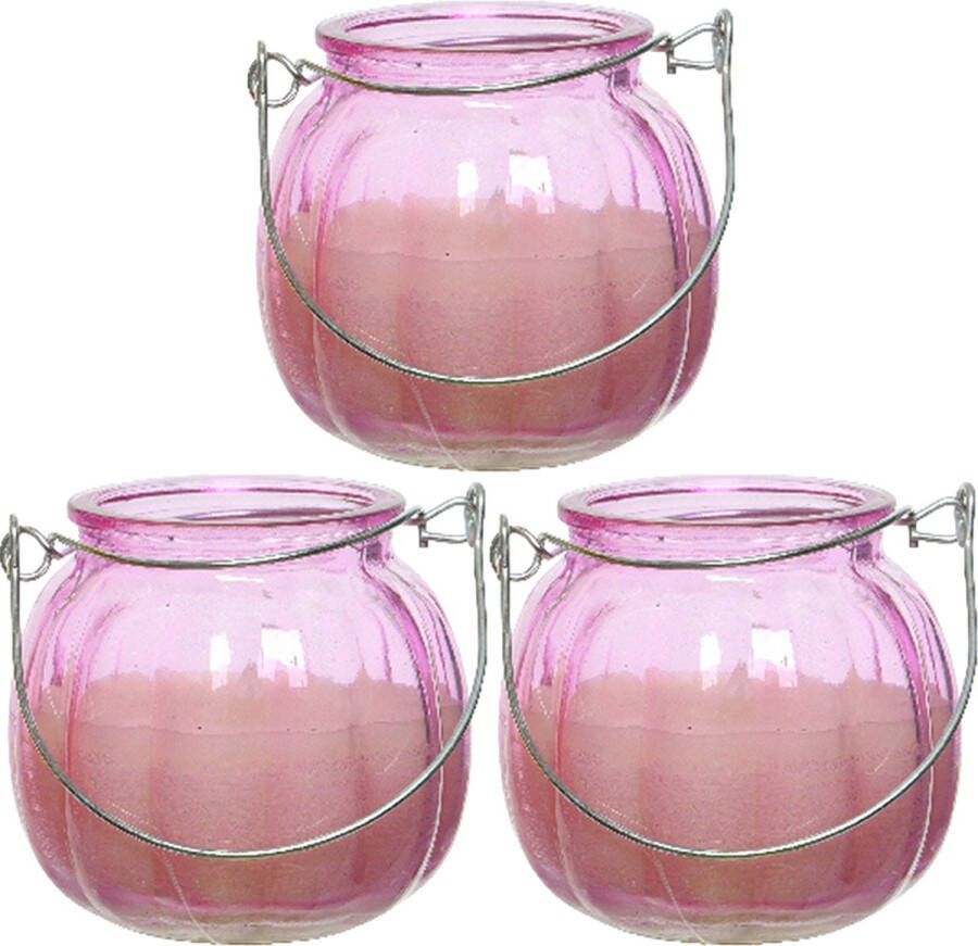 Decoris 3x citronella kaarsen in glas 15 branduren D8 x H8 cm roze geurkaarsen