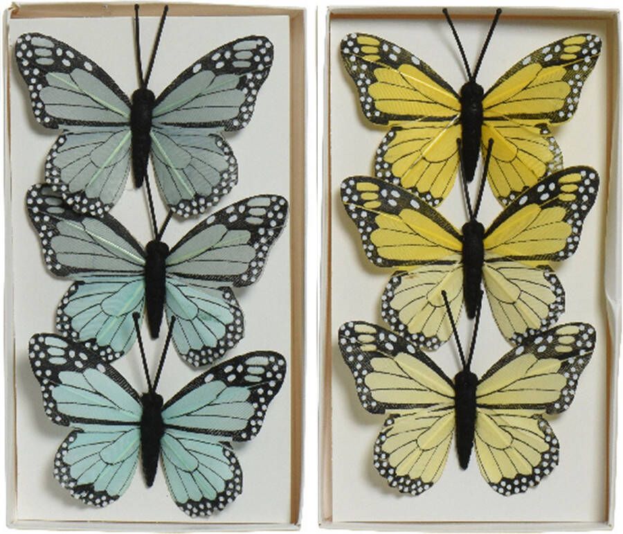 Decoris 6x stuks decoratie vlinders op draad blauw geel 6 cm Hobbydecoratieobject