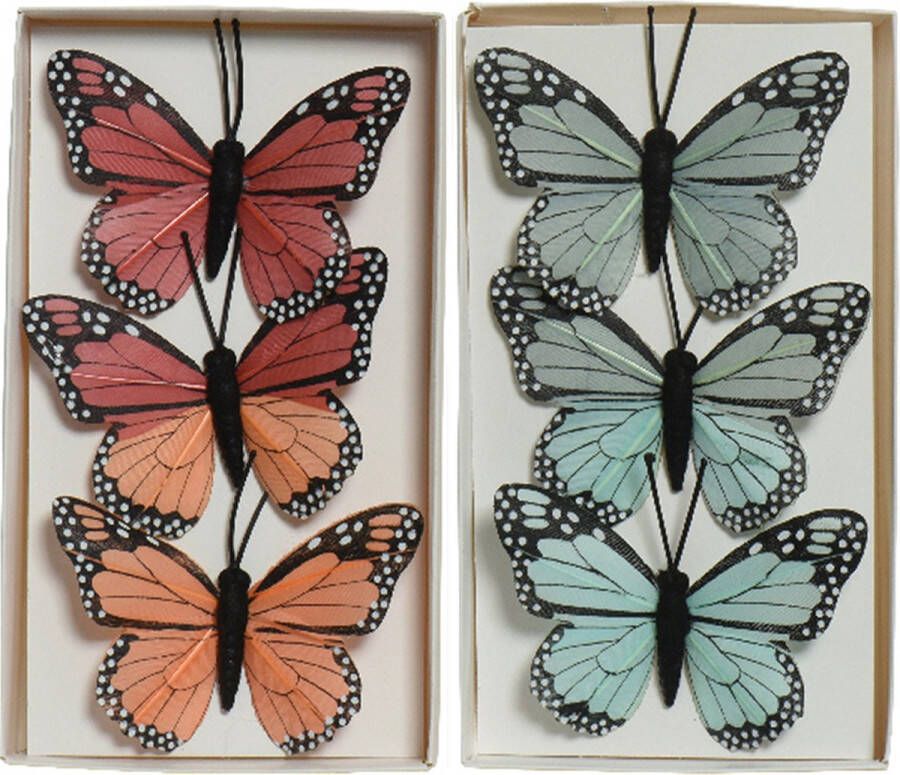 Decoris 6x stuks decoratie vlinders op draad blauw rood 6 cm Hobbydecoratieobject