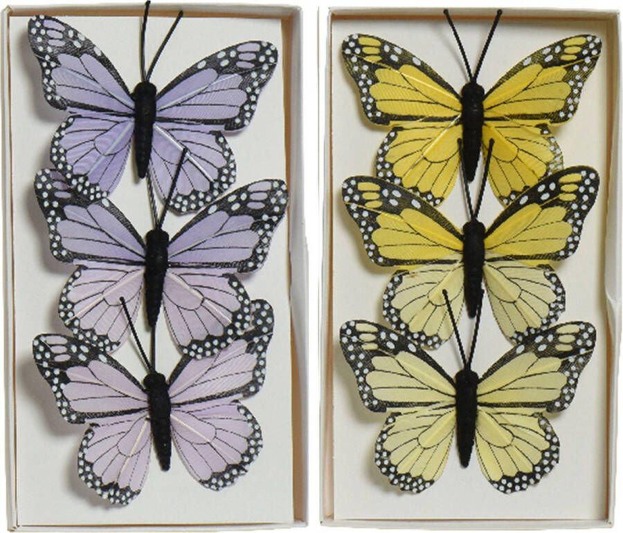 Decoris 6x stuks decoratie vlinders op draad geel paars 6 cm Hobbydecoratieobject