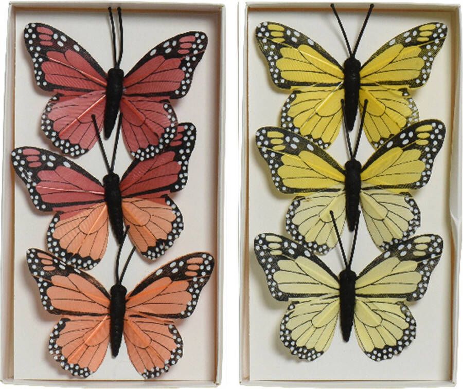 Decoris 6x stuks decoratie vlinders op draad rood geel 6 cm Hobbydecoratieobject
