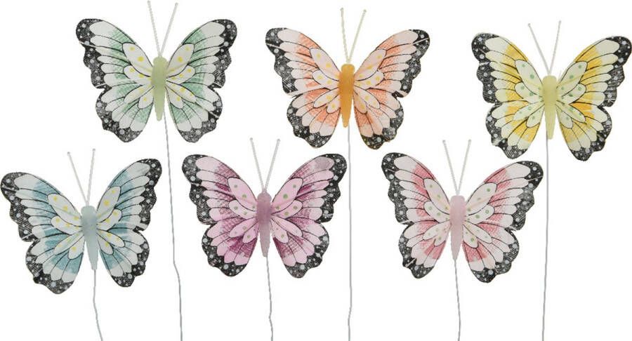 Decoris 6x stuks decoratie vlinders op draad gekleurd 8 cm Hobbydecoratieobject