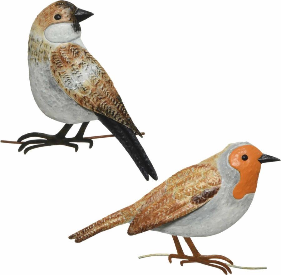 Decoris Decoratie vogels muurvogels Roodborstje en Huismus voor in de tuin 38 cm Tuinvogels dierenbeelden