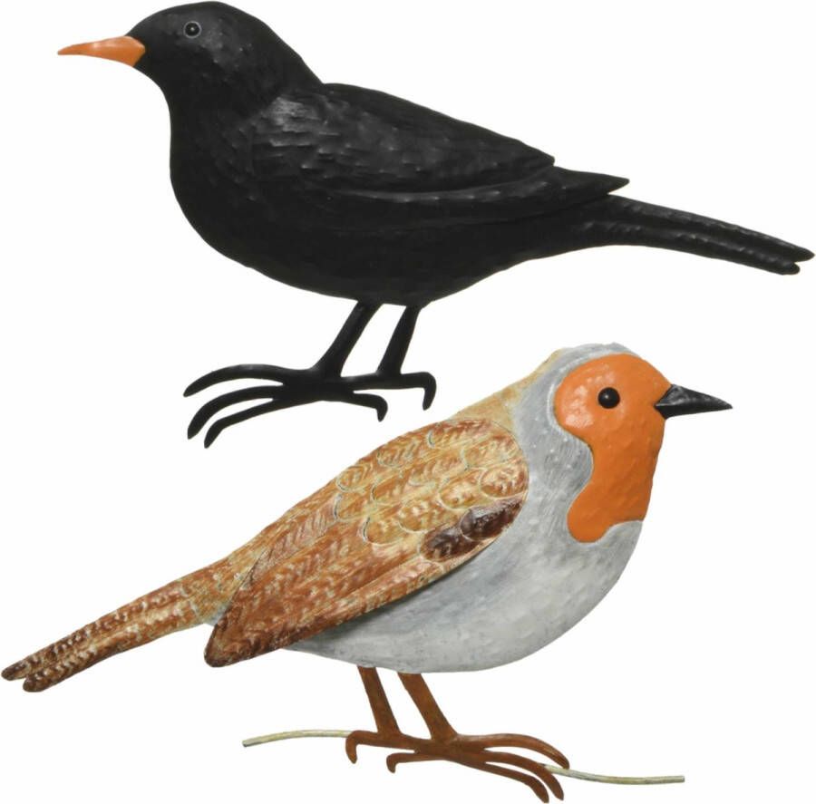 Decoris Decoratie vogels muurvogels Roodborstje en Merel voor in de tuin 38 cm Tuinvogels dierenbeelden