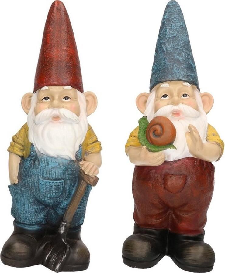 Decoris 2x Tuinkabouter beelden Harold met hark en Simon met slak 29 cm Tuindecoratie tuinversiering kabouters beelden