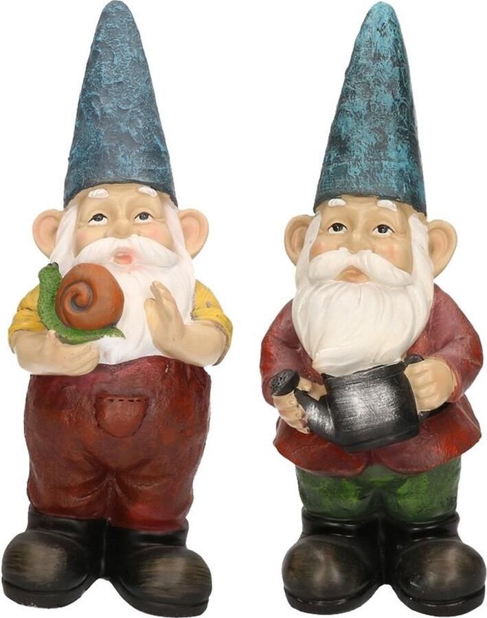Decoris 2x Tuinkabouter beelden Simon met slak en Gerard met gieter 29 cm Tuindecoratie tuinversiering kabouters beelden