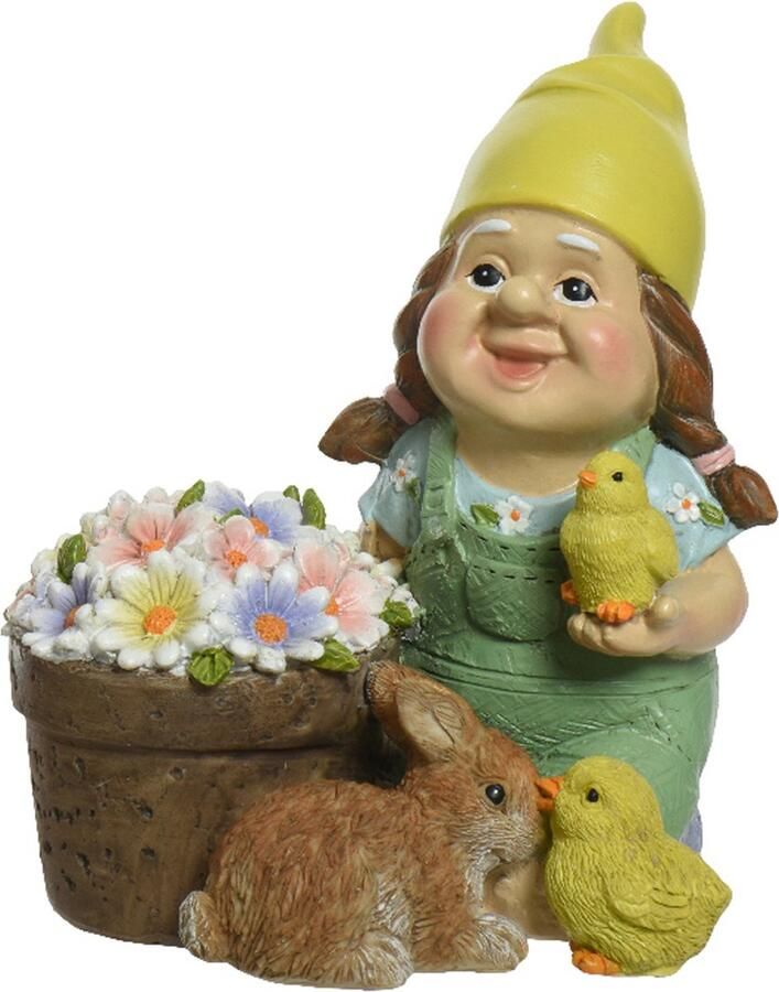 Decoris Tuinkabouter vrouw met kuikens en haas kunststeen H16 cm