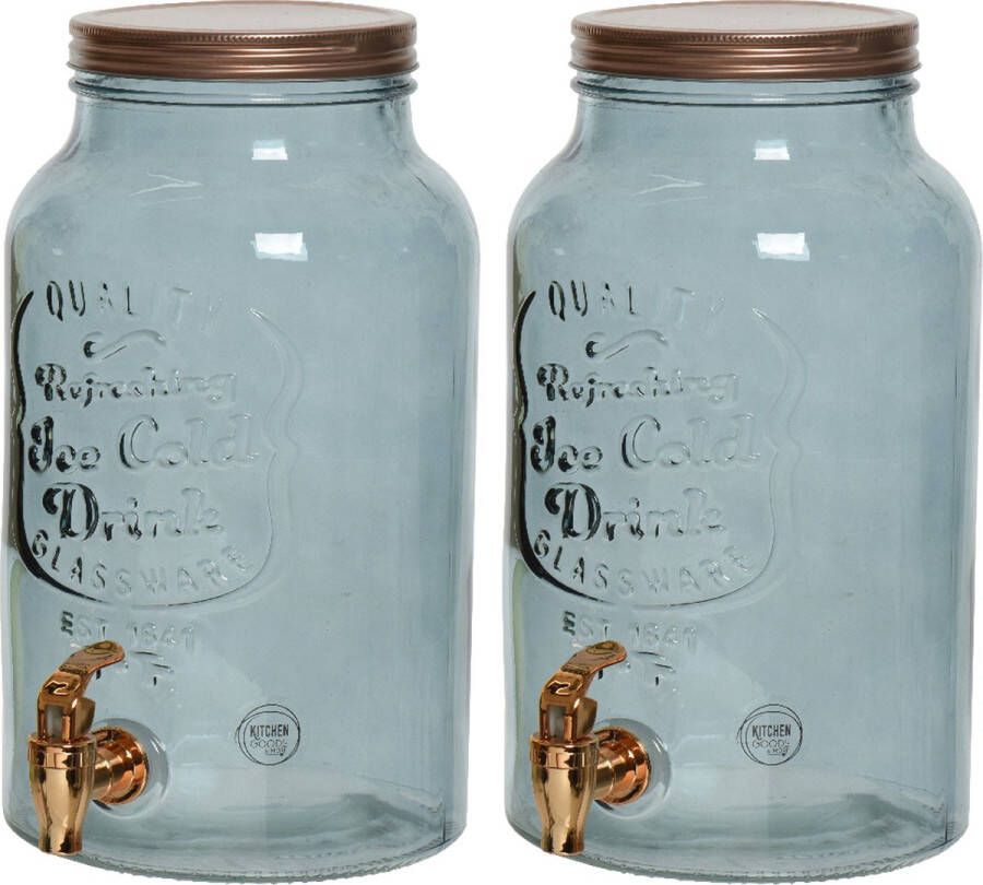 Decoris 2x drankdispenser limonadetap met kraantje glas 6L lichtblauw Drankdispensers