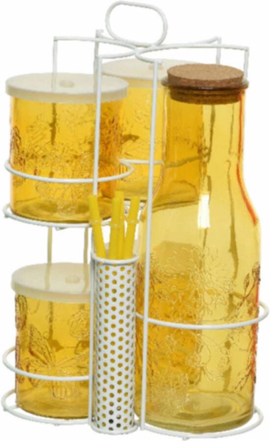 Decoris Gele karaf sapkan schenkkan 1 liter met 4 mason jars en rietjes Drinkset Mason Jars