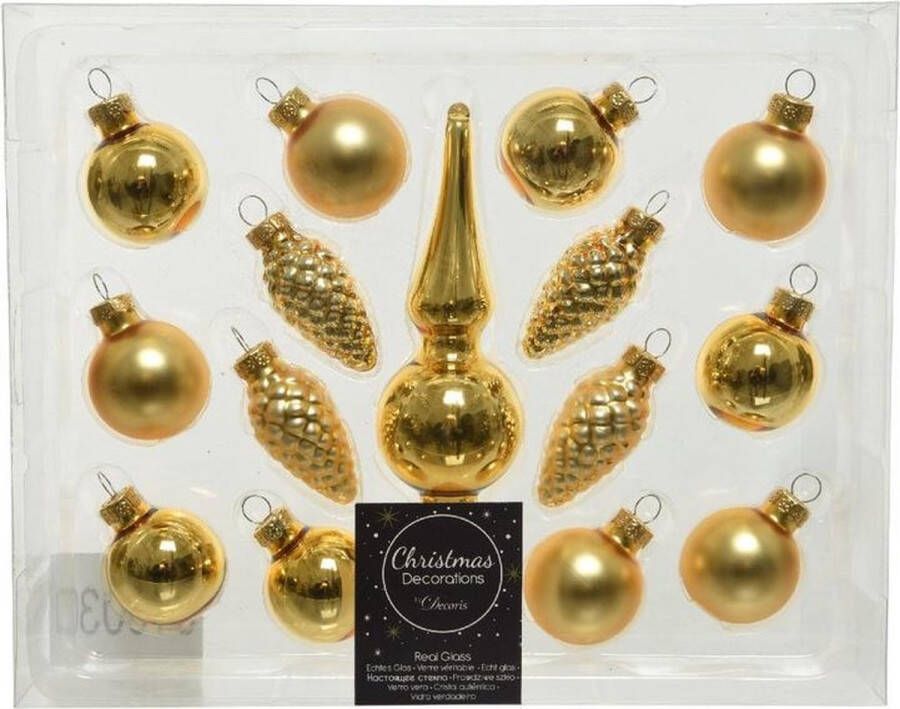 Decoris Gouden glazen kerstballen en piek set voor mini kerstboom 15-dlg Kerstversiering kerstboomversiering goud