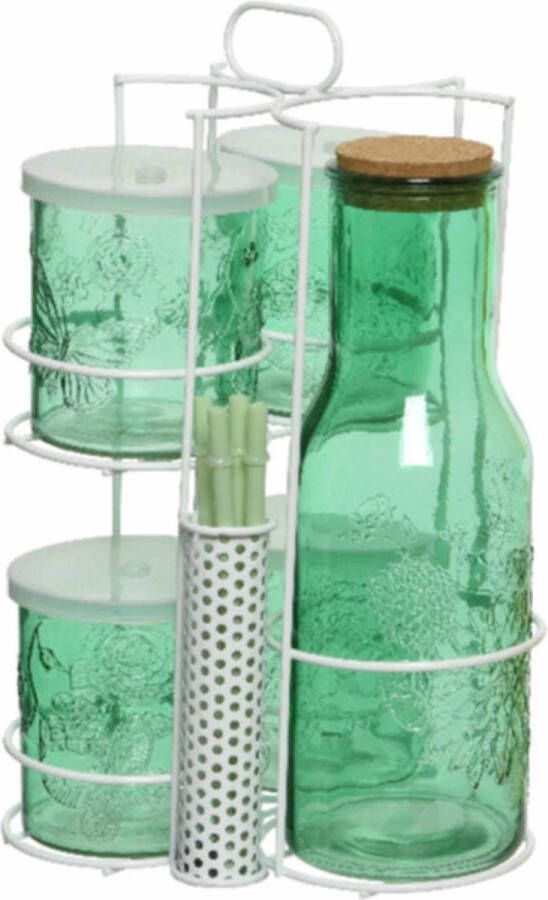 Decoris Groene kan 1 liter met 4 drinkglazen met deksel en rietje Schenkkan Mason Jars
