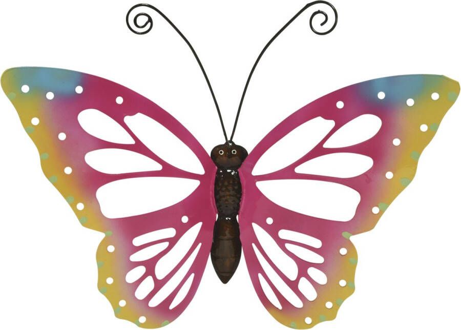 Decoris Grote roze deco vlinder muurvlinder van metaal 51 x 38 cm tuindecoratie Tuinvlinders muurvlinders