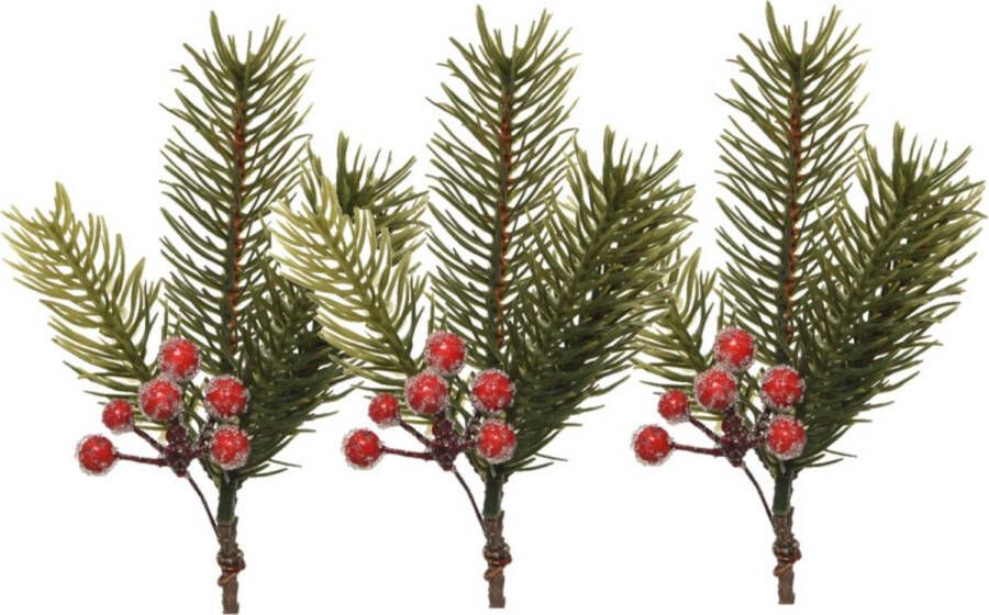 Decoris Kersttakken dennentakken 3x groen met bessen 21.5 cm