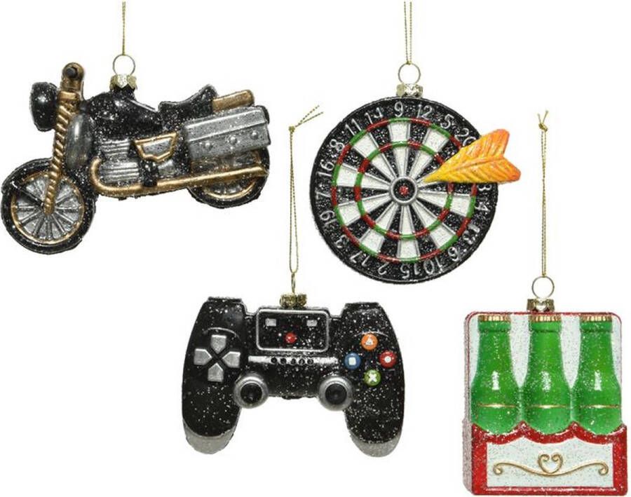 Decoris kunststof Kerst Ornament 4 stuks Dartbord six pack motorfiets game controle