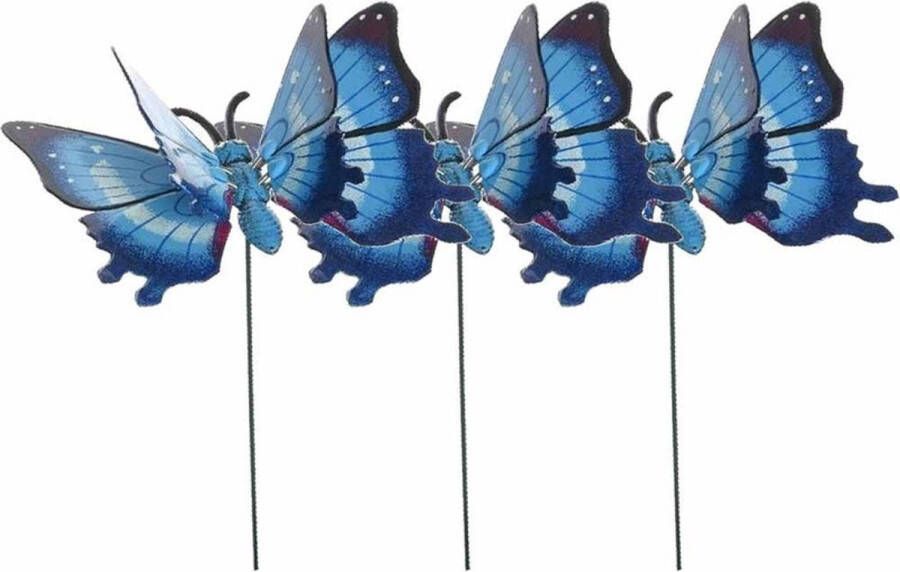 Decoris Metalen vlinder blauw 11 x 70 cm op steker Tuindecoratie vlinders Dierenbeelden