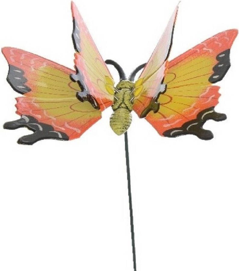Decoris Metalen vlinder geel oranje 11 x 70 cm op steker Tuindecoratie vlinders Dierenbeelden
