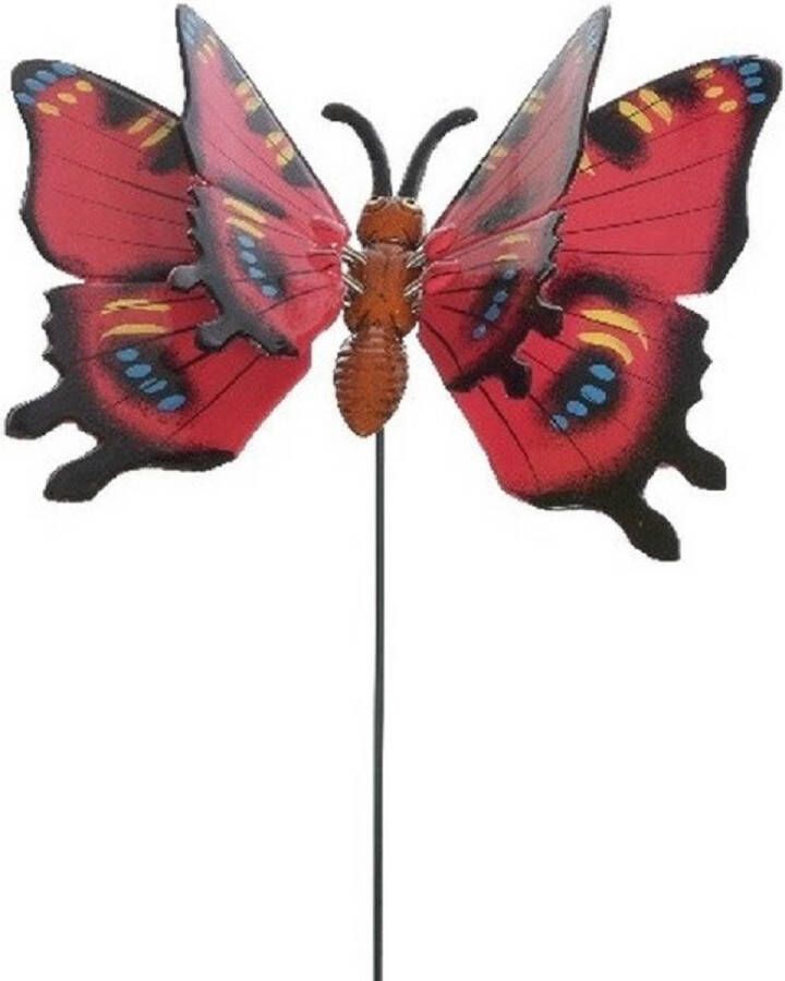 Decoris Metalen vlinder rood 11 x 70 cm op steker Tuindecoratie vlinders Dierenbeelden