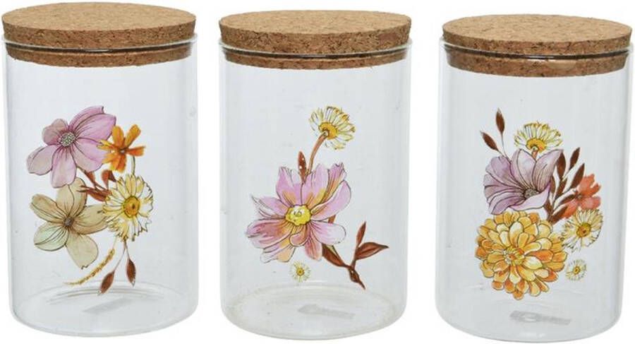 Decoris Opbergpot glas Ø8-H13cm met bloemmotief (1 stuk) assorti